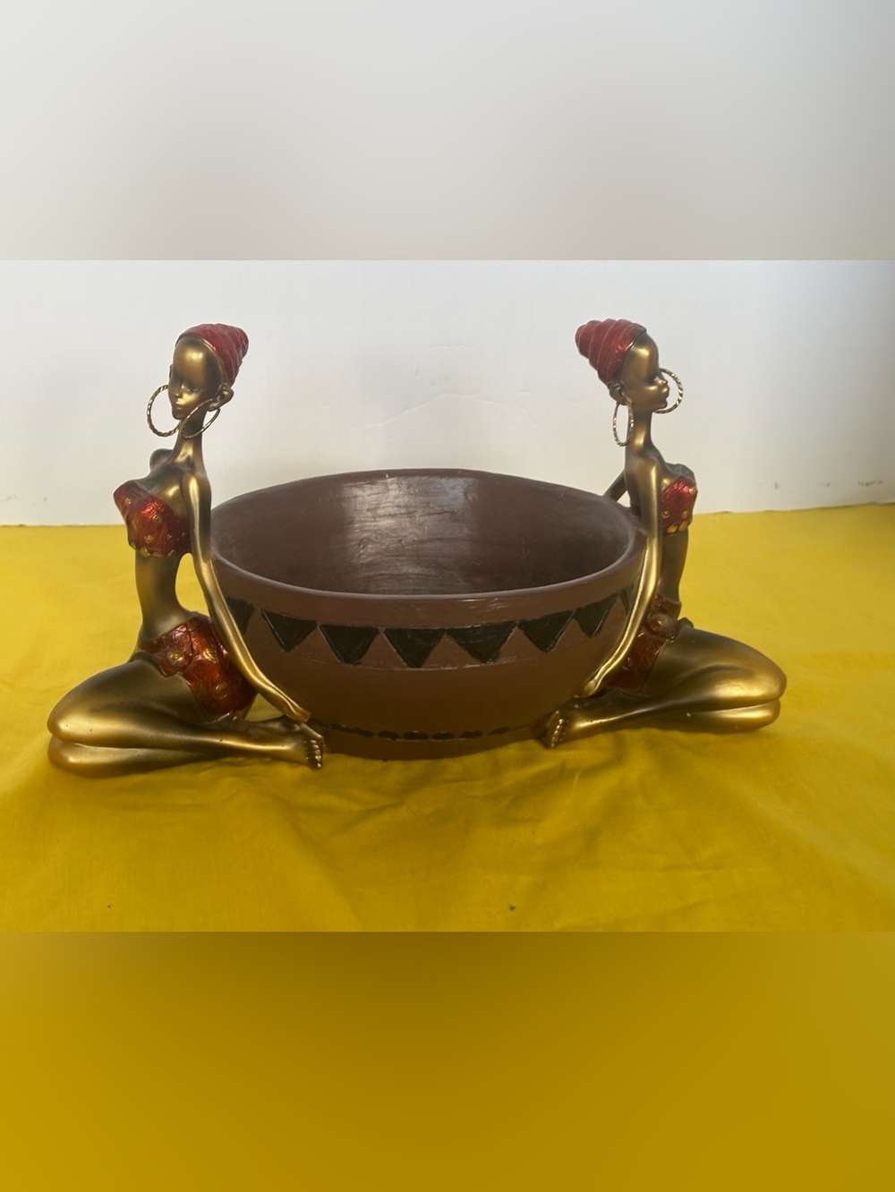 Gold & Brown Decorative Figurine Bowl with Red Accents